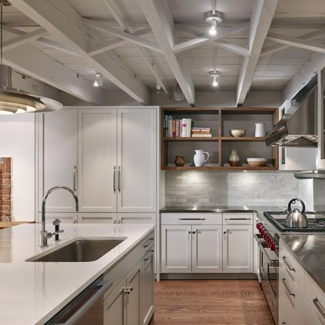 Brownstone garden-level kitchen with exposed ceiling joists Basement Ceiling Ideas Cheap, Exposed Basement Ceiling, Basement Ceiling Painted, Low Ceiling Basement, Exposed Ceiling, Exposed Ceilings, Basement Lighting, Apartment Floor, Open Ceiling