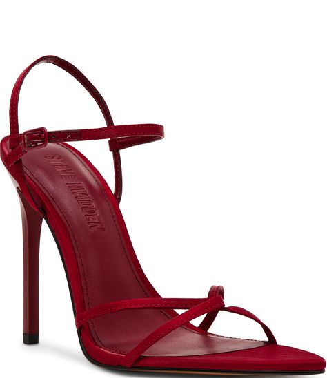 From Steve Madden, the Stellina Satin Strappy Point Toe Dress Sandals feature:Satin fabric upperAnkle strap with adjustable buckle closureSynthetic liningSynthetic outsoleApprox. 4.5" heel heightImported. Prom Shoes Red, Dark Red Heels, Homecoming Heels, Red Bridal Shoes, Red Strappy Heels, Burgundy Heels, Dr Shoes, Shoes Heels Classy, Steve Madden Sandals