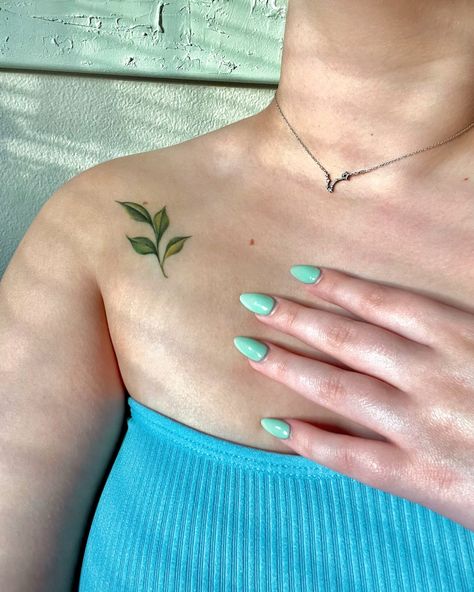 3 Leaves Tattoo, Leaf Tattoo Green, Green Tea Leaf Tattoo, Matching Leaf Tattoos, Green Tea Tattoo, Small Green Tattoo, Green Thumb Tattoo, Emerald Green Tattoo, Basil Leaf Tattoo