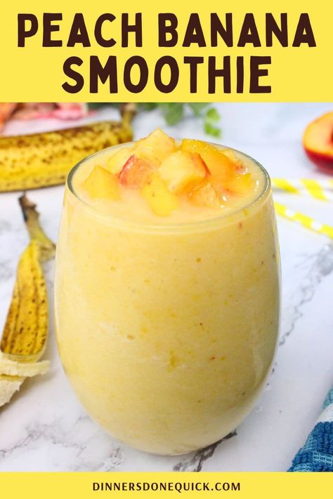 Start your day with a burst of tropical flavors with this Peach Banana Smoothie! Creamy banana blends perfectly with juicy peaches for a smoothie that's not only delicious but also packed with vitamins. This easy-to-make smoothie is perfect for breakfast, a midday snack, or a post-workout treat. Enjoy the natural sweetness and refreshing taste of this healthy, fruity drink! Dessert Shakes, Peach Banana Smoothie, Banana Spinach Smoothie, Smoothie Without Yogurt, Perfect Healthy Breakfast, Recipes For Parties, Banana Smoothie Recipe, Midday Snack, Smoothie Juice