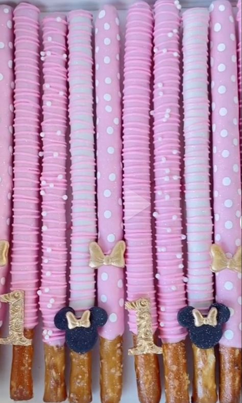 Mini Mouse Desert Table, Minnie Mouse Themed Birthday Party Food, Minnie Mouse 1st Birthday Pink And Gold, Minnie Mouse Chocolate Covered Pretzels, Mini Mouse Themed Birthday Party Decor, Minnie Mouse Birthday Party Ideas Pink And Gold, Minnie Mouse 2nd Birthday Party Decoration, Minnie Mouse Birthday Party Ideas Pastel Colors, Pink Mini Mouse Birthday Party Ideas