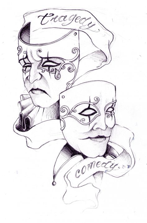 Drama Faces, Drama And Comedy Masks, Drama Masks Drawing, Two Faced Drawings Mask, Drama Faces Tattoo, Theater Mask Tattoo, Theatre Drawing, Theatre Tattoo, Comedy Tragedy Masks