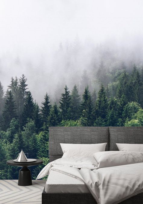 Foggy forest wallpaper - Modern hills of trees mural - Cozy atmosphere wallpaper Forest Wallpaper Bedroom, Trees Mural, Lodge Bedroom, Forest Bedroom, Foggy Forest, Beautiful Bedroom, Old Pallets, Home Entrance Decor, Forest Wallpaper