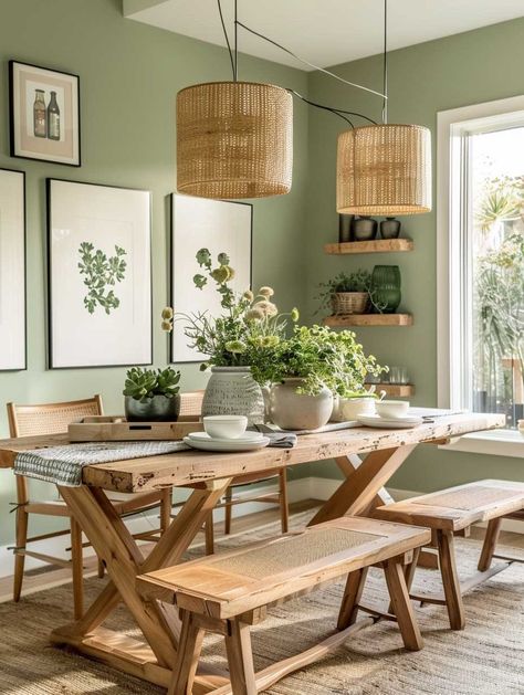 Greenery Dining Room Decor, Modern Green Dining Room, Boho Chic Dining Room Decor, Green Themed Dining Room, Colours For Dining Room, Small Dining Room Ideas Boho, Art Wall Dining Room, Dinning Room Ideas Boho, Sage Green Dining Room Ideas