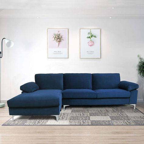 Amazon's Comfortable Sofas Are a Total Dream, Shop These 15 Bestsellers Navy Blue Sofa, Blue Sectional, Couch With Chaise, Velvet Sectional, Sectional Sofas Living Room, Fabric Sectional Sofas, Blue Couches, L Shaped Couch, Sectional Sleeper Sofa