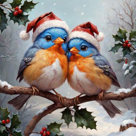 Christmas cute two birds by FreckledVixon Christmas Birds, Cute Owls Wallpaper, Christmas Paintings On Canvas, Christmas Memes, Watercolor Christmas Cards, Winter Bird, Christmas Cute, Christmas Bird, Winter Painting