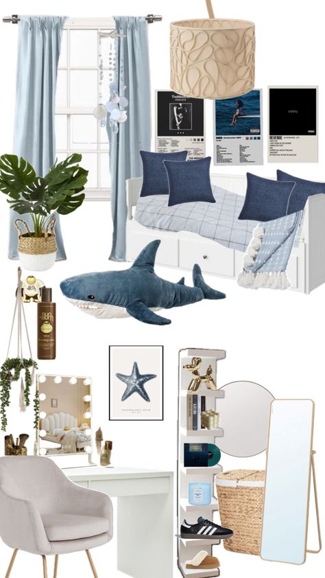 Blue Wall Bedroom Decor Ideas, Costal Bedroom Idea Teen, Beach Blue Bedroom, Dark Blue Coastal Bedroom, Mama Mia Inspired Bedroom, Ocean Room Ideas Bedrooms, Costal Bedroom Design, Ocean Room Theme, Temu Room Decor