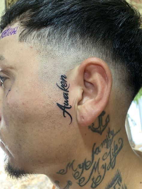 Name Face Tattoo, 4 Letter Words Tattoo, Front Ear Tattoo, Side Face Tattoo Men, Sideburn Tattoo Guys, Side Of Face Tattoo, Side Face Tattoo, Tatto Name, Faith Tattoo Designs