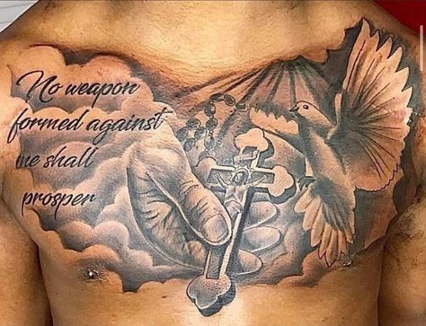 God Chest Tattoo Men, Chip On Shoulder Tattoo, Religious Chest Tattoo, Men Full Chest Tattoo, Chest Piece Tattoos Mens Black, Chest Piece Tattoos Mens Stencil, Bible Verse Chest Tattoo Men, Cloud Chest Tattoo Men, Cross Tattoos For Men On Chest