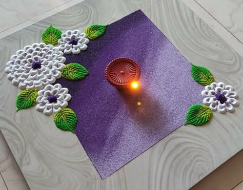 Aesthetic Rangoli Ideas, Aesthetic Rangoli Designs For Diwali, Rangoli Designs Flower Simple, Rangoli Designs Aesthetic, Vagh Baras Rangoli, Purple Rangoli, Aesthetic Rangoli Designs, Rangoli Aesthetic, Rangoli Designs Latest Unique For Diwali