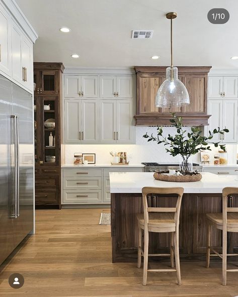 White Cabinets With Stained Island, Brown Island White Cabinets, Dark Wood And White Kitchen, Maple Kitchen Island, Brown And White Kitchen, Oyster Ceramic, Modular Farmhouse, White Oak Engineered Hardwood, Historical House