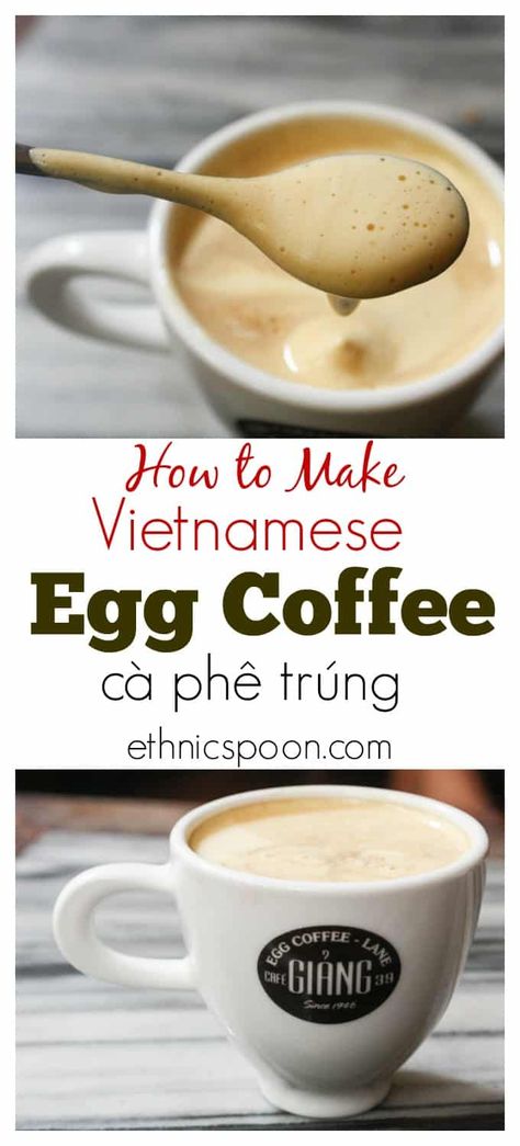 Coffee lovers you need to try this! I know it sounds strange but imagine your latte made with a strong espresso and 1 egg yolk beaten with sweetened condensed milk to a light fluffy crema like topping sitting on top. This is Vietnamese egg coffee or cà phê trúng and it is delicious! Delicious! | ethnicspoon.com Egg Coffee, Vietnamese Coffee, Drinks Alcohol Recipes, Vietnamese Recipes, Sweetened Condensed Milk, Egg Yolk, Condensed Milk, 1 Egg, I Know It