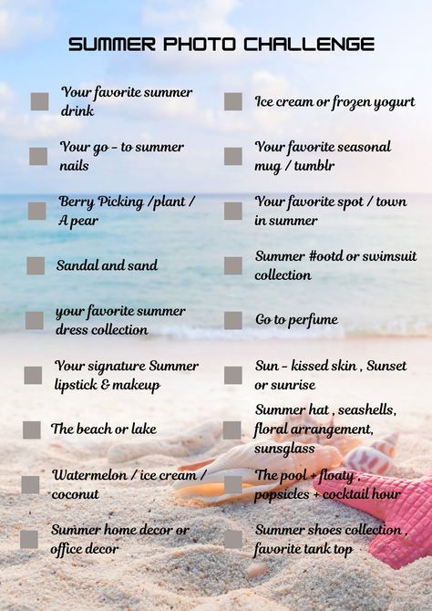 Summer Photo Challenge 💫 Stay tuned and follow for more ❤️    #summerideas #summervibe #summer #challenge #photoideas #holiday Summer Photo Challenge, Summer Lipstick, Writing Planning, Fun List, Sand Collection, Summer Challenge, Summer Ice Cream, Summer Life, Summer Fun List