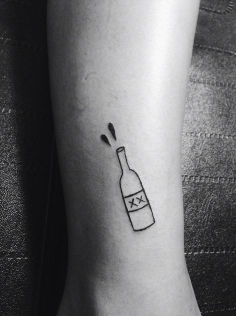 Small Bottle Tattoo, Liquor Bottle Tattoo, Bottle Of Wine Tattoo, Alcohol Bottle Tattoo, Alcohol Tattoo Ideas, Beer Bottle Tattoo, Wine Bottle Tattoo, Beer Tattoo, Wine Tattoo