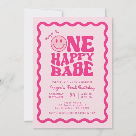 Pink cute preppy smile one happy babe girl 1st birthday invitation. One Happy Babe First Birthday Girl, One Happy Babe, Pink Birthday Theme, 1 Year Birthday Party Ideas, Combined Birthday Parties, Girl 1st Birthday, Pink Preppy, Birthday Inspo, 1st Birthday Invitation