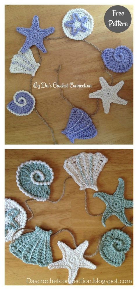 6 Ocean and Sea Applique Free Crochet Pattern - Page 2 of 2 Crochet Seashell Applique, Sea Applique, Nautical Crochet, Crochet Shell Pattern, Crochet Starfish, Crochet Sea Creatures, Crochet Patterns Ideas, Crochet Applique Patterns Free, Crochet Bunting