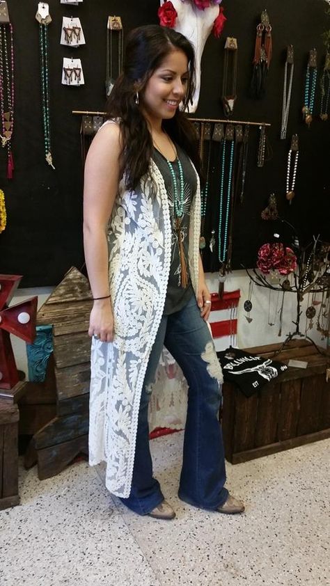 Clothing | Southern Trends 4 U Lace Duster Outfit Western, Lace Duster Outfit, Duster Outfit, Rodeo Houston, Rodeo Outfit, Lace Duster, Cma Fest, Outfit For Work, Boot Outfits