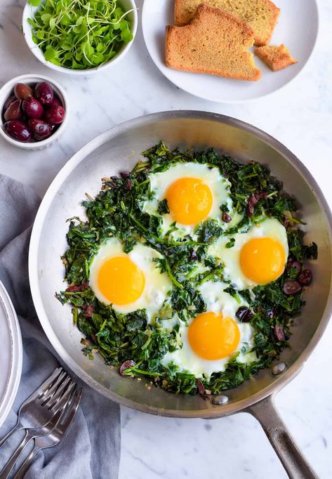 Eggs and Greens Greens For Breakfast, Breakfast Greens, Spinach And Eggs Breakfast Healthy, Eggs And Greens Breakfast, Kale Eggs, Eggs With Mushrooms And Spinach, Spinach And Eggs Breakfast, Eggs And Spinach, Vegetarian Low Carb