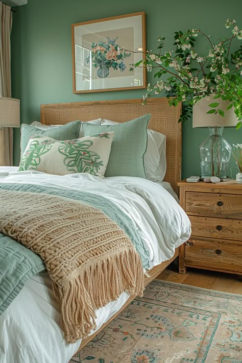 23 Trendy Boho Coastal Bedroom Ideas You Will Love 63 Rustic Coastal Decor Bedroom, Garden Theme Bedroom Ideas, Green Coastal Decor, Island Style Bedroom, Nature Themed Bedroom, Coastal Bedroom Design, Boho Coastal Bedroom, Comfy Furniture, Headboard Inspiration