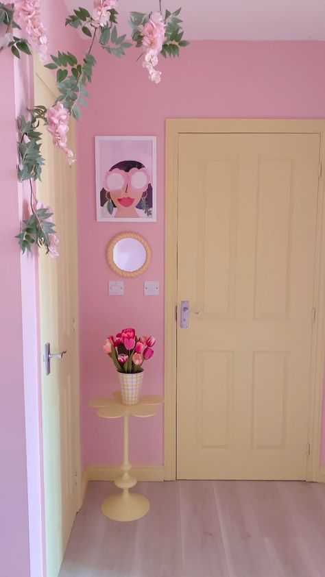 Pink Paint Room Ideas, Pink And Yellow Interior Design, Kate Rose Morgan, Pink And Yellow Wall Paint, Pastel Salon Decor, Pink And Yellow Bathroom Decor, Pink Yellow Room Decor, Pink Yellow Decor, Pastel Dressing Room