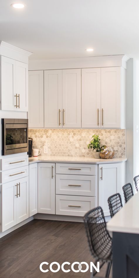 Kitchen White Cabinets, Gold Kitchen Hardware, Traditional Kitchen Cabinets, White Shaker Kitchen Cabinets, White Shaker Kitchen, White Shaker Cabinets, Cabinets Ideas, Modern Kitchen Cabinet Design, Condo Kitchen