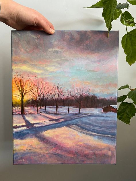 Winter's Blanket: the First Painting of the Year Farm Fields, Golden Chicken, Chicken Painting, Farm Field, Winter Blankets, Winter Mornings, Winter Sun, Christmas Card Design, The Bus