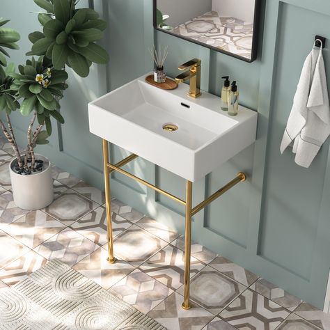 Crafted from premium ceramic, this console sink boasts exceptional scratch and stain resistance. Its spacious design allows for use by almost two people simultaneously, making it perfect for busy households. The open design adds a sense of space and openness to your bathroom. With 3 elegant color options to match your decor, the stainless steel console legs offer classic styling and convenient integrated front and side bars for towel storage. With an overflow, ergonomic design, and the perfect h Sink Legs, Bathroom Console, Console Bathroom Sink, Bathroom Sink Design, Bathroom Sink Tops, Console Sink, Console Sinks, Sink Top, Sink Design