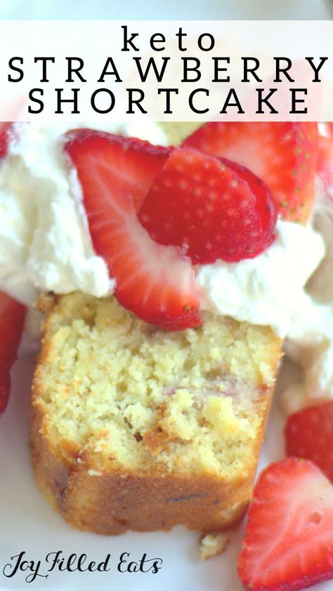 KETO Strawberry Shortcake - Sugar-Free, Low Carb, Gluten Free, THM S. This is the ideal dessert for strawberry season. Sweet strawberries baked right in to a rich golden pound cake. #lowcarb #lowcarbrecipes #lowcarbdiet #keto #ketorecipes #ketodiet #thm #trimhealthymama #desserts #dessertrecipes #ketodessert #lowcarbdessert #sugarfree  #glutenfree #grainfree #glutenfreerecipes #recipes Keto Strawberry Shortcake, Desayuno Keto, Desserts Keto, Postre Keto, Strawberry Season, Strawberry Shortcake Recipes, Shortcake Recipe, Thm Desserts, Keto Friendly Desserts