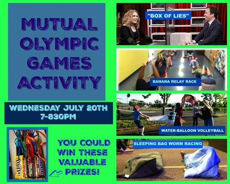 LDS MUTUAL OLYMPIC GAMES ACTIVITY COMBINED OR ALL-GIRLS ACTIVITY YOUT from the Jolly Rogers Young Women Blog Lds Youth Activities, Mutual Activities, Olympics Activities, Olympic Theme, Yw Activities, Lds Youth, Youth Group Games, Relay Races, Young Women Activities