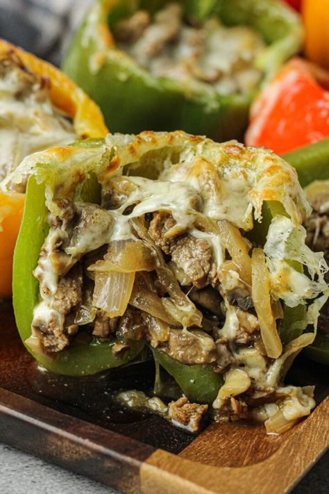 Philly Cheesesteak Stuffed Peppers Philly Stuffed Peppers, Philly Cheese Steak Stuffed Peppers, Cooked Onions, Philly Cheesesteak Stuffed Peppers, Cheesesteak Sandwich, Cheesesteak Stuffed Peppers, Philly Steak, Steak And Mushrooms, Cheese Stuffed Peppers