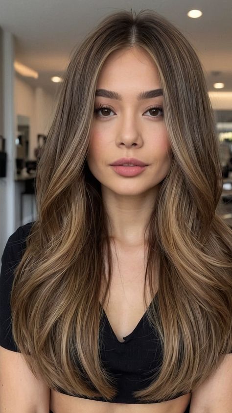 Toffee Brown Balayage, Brunette Curtain Bangs Long Hair, Asian Hairstyles Women Medium, Highlights On Straight Hair, Shoulder Blade Length Hair, Caramel Latte Hair, Asian Blonde Balayage, Mid Length Hairstyles For Women, Natural Looking Balayage