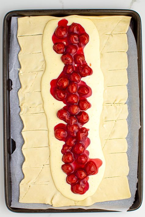 This easy Cherry Danish Braid Recipe is so delicious, made with shortcut ingredients like cherry pie filling and crescent roll dough! Cherry Turnovers With Crescent Rolls, Crescent Roll Danish, Cherry Danish Recipe, Crescent Roll Dough Recipes, Pie Filling Desserts, Danish Braid, Homemade Sticky Buns, Cherry Danish, Crescent Roll Recipes Dessert