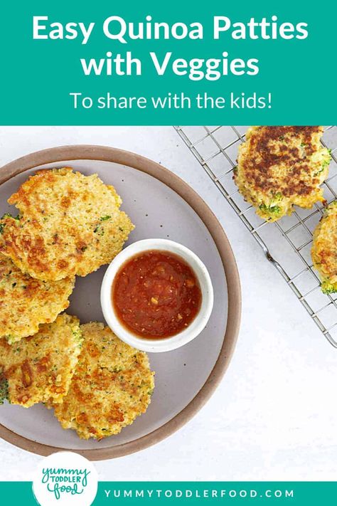 These quick Quinoa Patties are a delicious way to serve quinoa to kids...and adults! Plan to make the quinoa ahead of time so these come together in minutes. Serve this easy lunch or dinner with a dip like ketchup, salsa, or Ranch. Toddler Quinoa Recipes, Quinoa Recipes For Kids, Quinoa Cakes, Quinoa Patties, Blw Recipes, Vegetable Burger, Quinoa Cake, Kids Foods, Toddler Foods