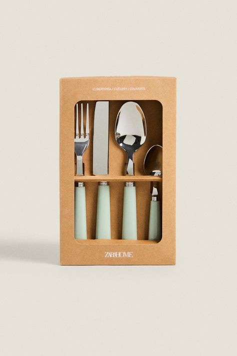 CUTLERY SET WITH HANDLE DETAIL - Sea green | ZARA United Kingdom Basic Makeup, Green Home Decor, Stainless Steel Cutlery, Book Stationery, Bathroom Cleaning, Clean Laundry, Cutlery Set, Sea Green, Zara Home