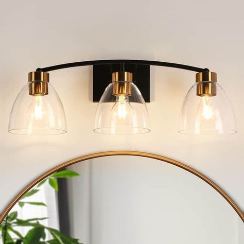 Modern Farmhouse 3-Light Black Gold Bathroom Vanity Lights Linear Glass Wall Sconces - D22.8"*H8.6" - On Sale - Bed Bath & Beyond - 39481516 Black And Brass Bathroom, Mid Century Modern Vanity, Bathroom Vanity Lights, Classic Wall Lights, Black And Gold Bathroom, Vanity Light Fixtures, Bathroom Vanity Light, Glass Vanity, Vanity Lights