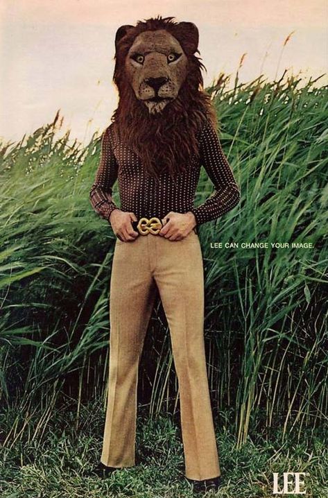 Vintage Lion Mask Lee Ads 1971 @hellcatholly this has you written all over it. Disco Jungle, Scary Lion, Male Fashion Advice, Lion Mask, Anthony Perkins, Animal Masks, A Lion, Animal Heads, Lee Jeans