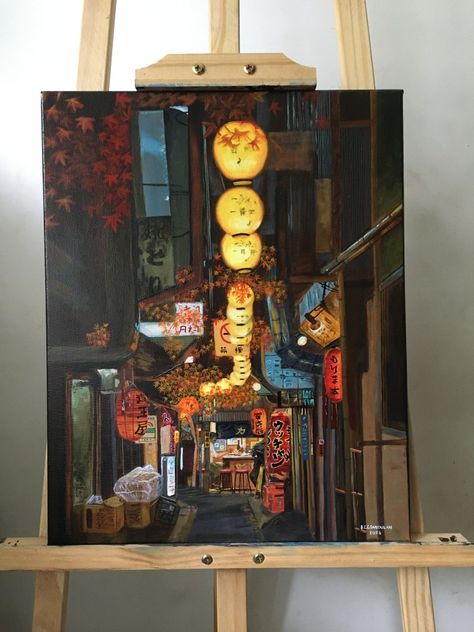 #japan #japanesestreet #painting #art #acrylic #acrylicpainting #reference #referencepainting Acrylic Japanese Painting, Japanese Street Painting, Japan Oil Painting, Japan Landscape Painting, Painting Ideas On Long Canvas, Japan Painting Acrylic, Painting Competition Ideas, Japanese Acrylic Painting, Multi Canvas Painting Ideas