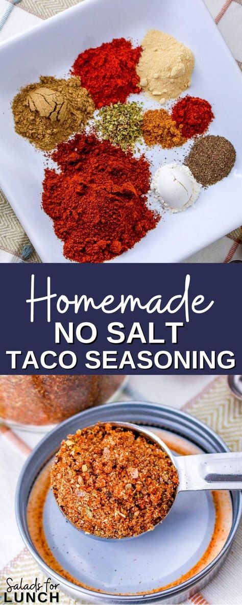 Elevate your taco game with my homemade no salt taco seasoning mix! Packed with a harmonious blend of chili powder, cumin, paprika, and a hint of smokiness, it's the perfect way to add bold and flavorful zest to your dishes without the sodium. Taco Seasoning Easy, Homemade Seasoning Salt, Homemade Taco Seasoning Recipe, Homemade Seasoning, Taco Seasoning Recipe, Spice Mix Recipes, Seasoning Salt, Seasoning Recipe, Food Appetizers