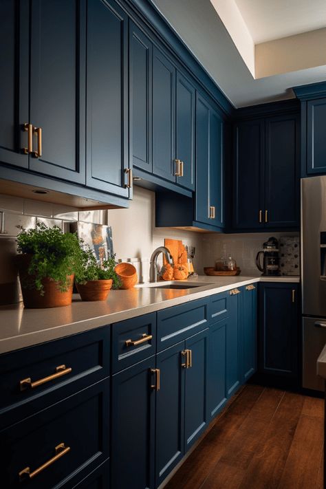 Deep Blue Cabinets Kitchen, Blue Kitchen Cabinets With Granite, Blue Cupboards Kitchen, Deep Blue Kitchen, Diy Painted Kitchen, Eichler Kitchen, Blue Kitchen Inspiration, Dark Blue Kitchen Cabinets, Kitchen Open Concept