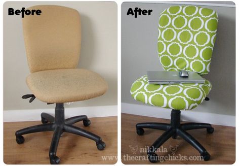 How to reupholster a computer rolling chair. Fabric, pliers and a staple gun is all you need! Rolling Chair, Open Season, Diy Office, Deco Originale, Computer Chair, Redo Furniture, Chair Fabric, Teacher Stuff, Reupholster