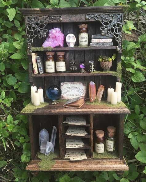 Diy Witch Cabinet, Witch Cabinets, Witch Diorama, Potion Display, Witches Cabinet, Fae Witch, Witch Cabinet, Witch Shelf, Miniature Hutch