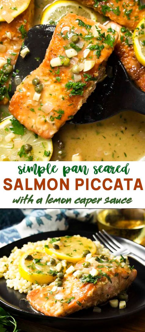 My recipe for salmon piccata with a lemon and caper sauce is pan seared in a skillet then served over pasta for a healthy and easy weeknight dinner. | justalittlebitofbacon.com #fishrecipes #dinnerrecipes #easyrecipes #salmon #dinner #salmonpiccata Salmon With Artichoke And Capers, Salmon Stovetop, Salmon Recipe Pan, Salmon Piccata, Recipe For Salmon, Piccata Sauce, Fish Dinners, Seared Salmon Recipes, Fish Entrees