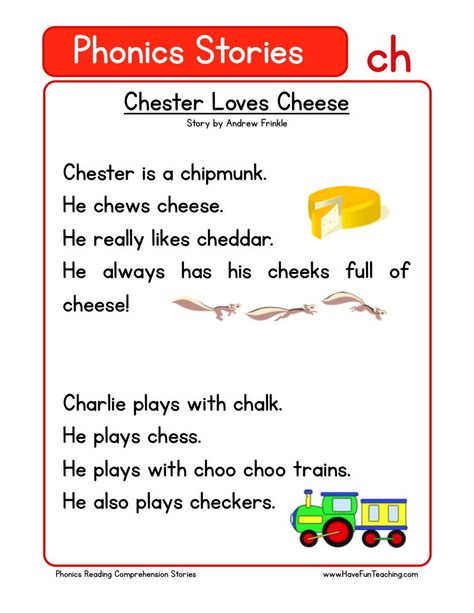 Chester Loves Cheese Phonic Stories, Phonics Stories, Ch Words, Phonics Reading Passages, First Grade Reading Comprehension, Teaching Reading Comprehension, Blends Worksheets, Fluency Activities, Fluency Passages