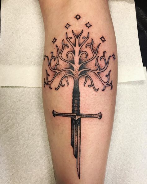 Tree Of Gondor Narsil Tattoo, Lotr White Tree Tattoo, Lotr Tree Tattoo, Trees Of Valinor Tattoo, Shard Of Narsil Tattoo, Gondor Tattoo, Narsil Tattoo, Tree Of Gondor Tattoo, Tolkien Tattoo