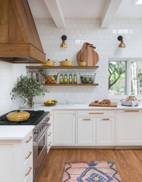 Modern Eclectic Family Home - Modern - Kitchen - Albuquerque - by BUILT Design Collective | Houzz Open Shelving Kitchen, Crown Point Cabinetry, Ceramic Backsplash, Shelving Kitchen, Dark Wooden Floor, Beige Backsplash, One Wall Kitchen, Kitchen Floating Shelves, White Farmhouse Sink