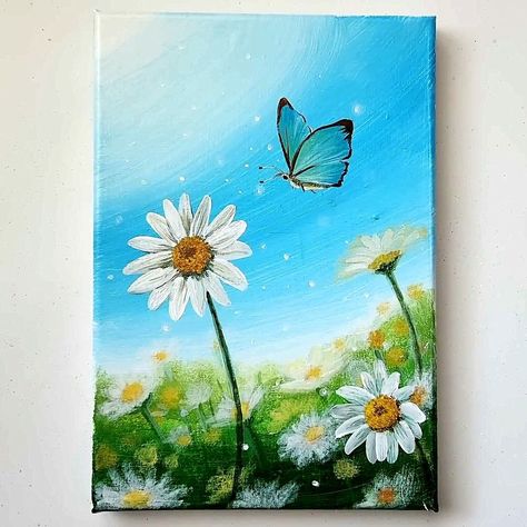 Drawing Spring Ideas, Landscape Flowers Painting, Painted Spring Flowers, Painting On Canvas With Acrylic Paint, Cute Spring Paintings, Nature Related Drawings, Painting Ideas Advanced, Simple Spring Painting, Spring Acrylic Paintings Easy