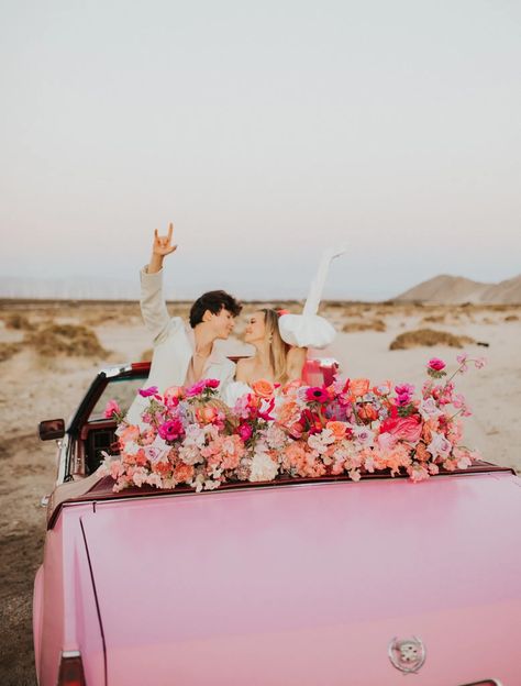 This elopement with pops of pink took place in palm springs! Pink Palm Springs, Pink Veil, Beautiful Veil, Extravagant Wedding, Tea Length Wedding, Barbie Wedding, Palm Springs Wedding, Lesbian Wedding, Retro Wedding