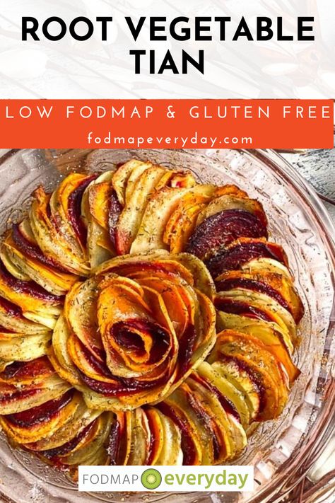 Our Low FODMAP Root Vegetable Tian; easy to make, elegant enough for guests. Potatoes, sweet potatoes, parsnips, low FODMAP amounts of beets. #glutenfree #vegan #vegetarian #easyrecipe #lowfodmapdiet#fodmap #lowfodmap #fodmapeveryday #ibs #ibsdiet Low Fodmap Recipes Vegetarian, Vegetable Tian, Low Fodmap Recipes Dinner, Low Fodmap Snacks, Reflux Recipes, Fodmap Snacks, Roasted Root Veggies, Clean Dinners, Low Fodmap Diet Recipes