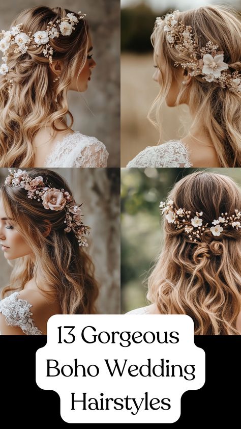 Boho wedding hairstyle with loose waves adorned with floral accessories, showcasing an elegant and free-spirited bridal look. Half Up Dos For Medium Hair Wedding Side Braids, Outdoor Wedding Hairstyles The Bride, Bohemian Hairstyles Wedding, Beachy Wedding Hair Long, Boho Hairstyles Wedding, Boho Wedding Hair Down, Beachy Wedding Hair, Elegant Bridal Hairstyles, Boho Bride Hair