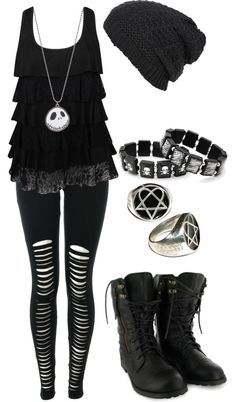 "Untitled #504" by bvb3666 ❤ liked on Polyvore .... I would swap the necklace with a silver cross one. Outfits Punk, Mode Rockabilly, Cute Emo Outfits, Stile Harry Potter, Rock Clothing, Batman Outfits, Geek Fashion, Rock Outfits, Black Clothing